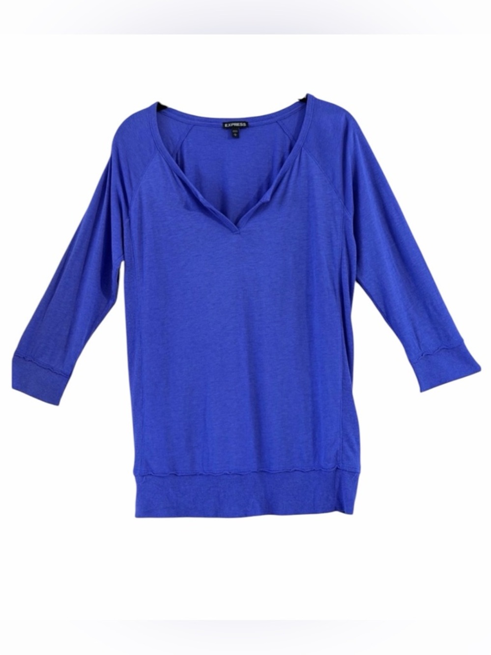 Express Royal Blue 3/4 Sleeve V Neck Raglan Slub Knit Top Size L